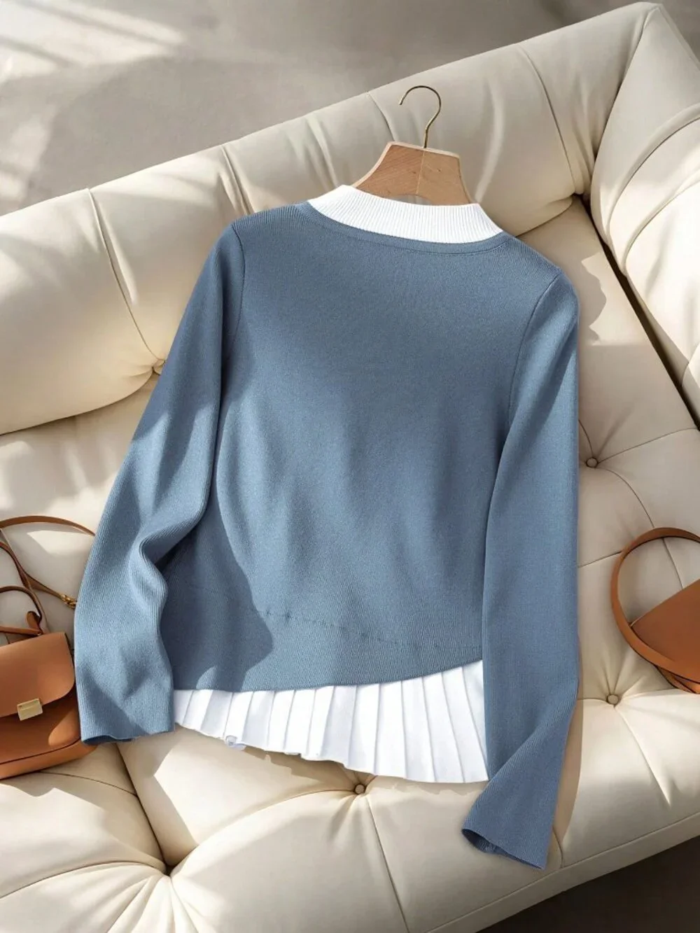 Blue Casual Women's Elegant Color Block Pleated Sweater